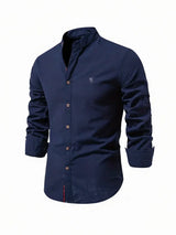 Yannick | Herren Stehkragen Knopfleiste Freizeit Shirt – Marineblau