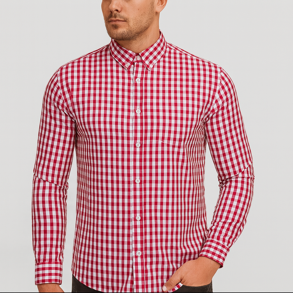 Trachtenhemd Herren – Rot-Weiß Kariertes Hemd mit Kontrastkragen & Knopfleiste fürs Oktoberfest
