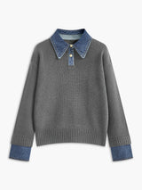 Amalia | Raffinierter Polopullover Mit Jeanskragen – Hellgrau
