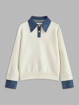 Amalia | Raffinierter Polopullover Mit Jeanskragen – Weiß