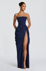 Olivia | Damen-Maxikleid mit Schnürung und seitlichem Schlitz – Marineblau