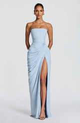 Olivia | Damen-Maxikleid mit Schnürung und seitlichem Schlitz – Himmelblau