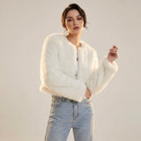 Daniela | Luxuriöse Cropped-Kunstpelz-Strickjacke – Weiß