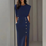 Midi-Kleid für Damen mit Seitenschlitz – Marineblau