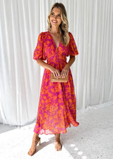 Midikleid Damen | Blumenprint & Puffärmel – Dunkelrosa