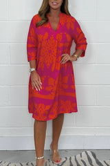 Midikleid Damen | Elegant Ornament-Print & V-Ausschnitt 3/4-Arm – Orange