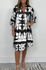 Midikleid Damen | Elegant Ornament-Print & V-Ausschnitt 3/4-Arm – Weiß