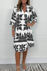 Midikleid Damen | Elegant Ornament-Print & V-Ausschnitt 3/4-Arm – Schwarz