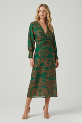 Midikleid Damen | Elegantes Langarm-Kleid mit Twist-Detail & Muster – Dunkelgrün