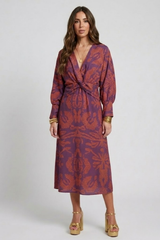 Midikleid Damen | Elegantes Langarm-Kleid mit Twist-Detail & Muster – Violett