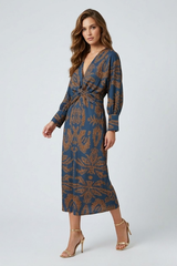 Midikleid Damen | Elegantes Langarm-Kleid mit Twist-Detail & Muster – Blau
