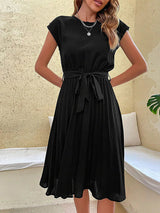 Midikleid Damen | Elegantes Plissee-Design & Feminine Taillenbindung – Schwarz