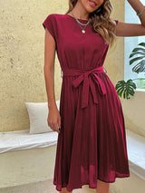 Midikleid Damen | Elegantes Plissee-Design & Feminine Taillenbindung – Dunkelrot