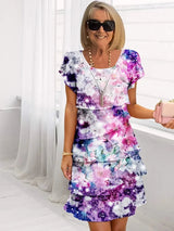Midikleid Damen | Florales Stufenkleid mit Schmetterlingsärmeln – Violett