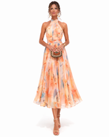 Midikleid Damen | Halterneck & Blumenprint – Aprikos