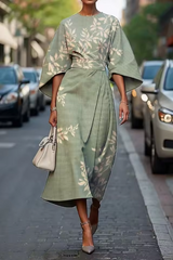 Midikleid Damen | Kunstvoller Blumenprint & Elegante Kimono-Silhouette – Grün