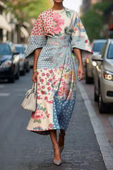 Midikleid Damen | Kunstvoller Blumenprint & Elegante Kimono-Silhouette – Hellblau