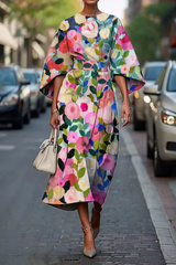 Midikleid Damen | Kunstvoller Blumenprint & Elegante Kimono-Silhouette – Dunkelrosa