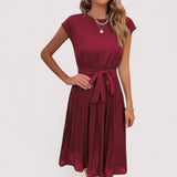 Midikleid Damen | Plissiert & Bindegürtel Elegant – Rot