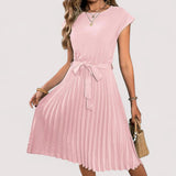 Midikleid Damen | Plissiert & Bindegürtel Elegant – Rosa
