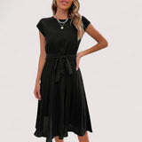 Midikleid Damen | Plissiert & Bindegürtel Elegant – Schwarz