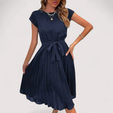 Midikleid Damen | Plissiert & Bindegürtel Elegant – Blau