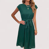 Midikleid Damen | Plissiert & Bindegürtel Elegant – Grün