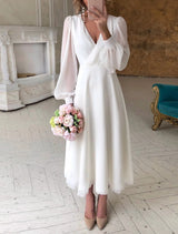 Midikleid Damen | Puffärmel & Wickeloptik – Weiß
