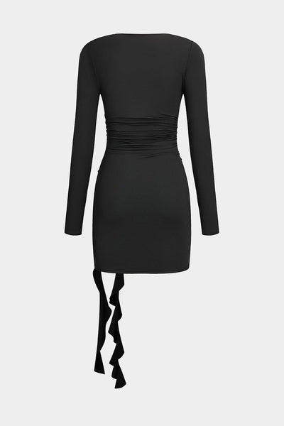 Valeria | Elegantes Schwarzes Langärmliges Minikleid – Figurbetonte Passform mit Drapierung & Rosendetail