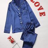 Mirla Satin Pyjama-Set Damen | Elegantes Lounge-Set Langarm – Marineblau