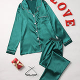 Mirla Satin Pyjama-Set Damen | Elegantes Lounge-Set Langarm – Grün