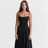 Satin-Maxikleid für Damen | Korsett-Rücken mit Schnürung – Schwarz