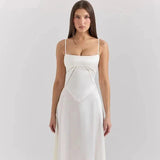 Satin-Maxikleid für Damen | Korsett-Rücken mit Schnürung – Elfenbein
