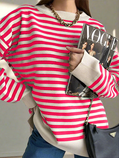 Damen Strickpullover Gestreift Oversize | Warmer Winterpullover mit Rundhals- und V-Ausschnitt