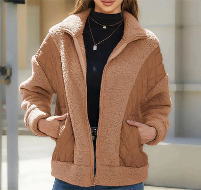 Sherpa-Jacke mit Reißverschluss und gesteppten Details für Frauen