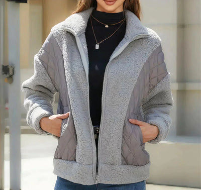 Sherpa-Jacke mit Reißverschluss und gesteppten Details für Frauen