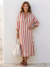 Damen-Midikleid mit langen Ärmeln und Streifen – Klassisch-lässig-eleganter Stil – Rot