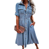 Nadja | Damen Kurzarm Jeanskleid Midi Hemdblusenkleid – Hellblau