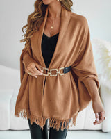 Damen Poncho mit Fransen – Kamel