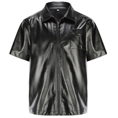 Herren lässige Kunstlederhemdjacke mit kurzem Arm und praktischen Reißverschlusstaschen Aliams