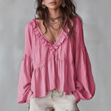 Damen Fließendes Oberteil Mit Raffungen Und V-Ausschnitt – Locker Elegante Bluse – Rosa