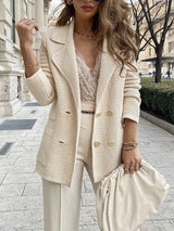Damen Strickblazer mit doppelter Knopfleiste und Reverskragen – Aprikosenfarbe