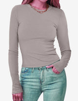 Damen Figurbetontes Langarmshirt Mit Rippstruktur – Schmaler Stretch Fit – Helles Grau