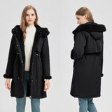Damen langer Parka mit abnehmbarer Kapuze und taillenverstellbarem Kordelzug – Schwarz