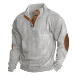 Herren nan grober Rippstrick-Pullover mit Stehkragen, Knopfleiste und markanten Ellenbogenpatches Drune – Grau