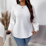 Damen nan Waffelstrick Longsleeve mit Rundhalsausschnitt, leicht A-Linien-Schnitt und gerippten Bündchen Drune – Weiß