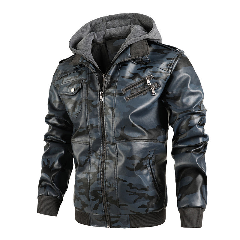 Herren Camouflage Lederjacke mit Kapuze und Taschen