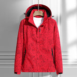 Damen leichte Regen- und Windjacke mit Kapuze und Blattmuster – Damen - Knallrot