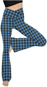 Damen nan taillenhohe Yogahose mit überkreuztem Bund und ausgestelltem Saum mit Schlitz Drune – Blau, kleines Karo