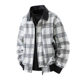 Herren karierte Overshirt-Jacke mit Kunstlederkragen und warmem Innenfutter – Weißgrau
